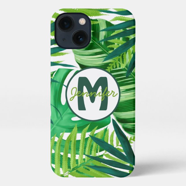 Green Tropical Leaves Monogram Name iPhone Case (Back)
