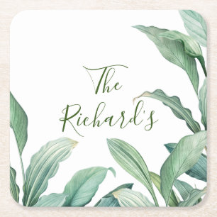 Green Tropical Leaves Monogram Name Square Paper Coaster