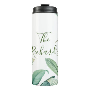 Green Tropical Leaves Monogram Name Thermal Tumbler
