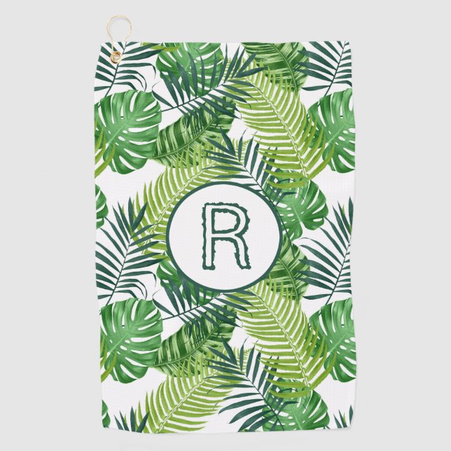 Green Tropical Leaves Monogram R Golf Towel (Front)
