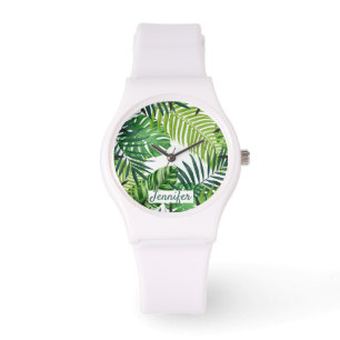 Green Tropical Leaves Monogram Watch