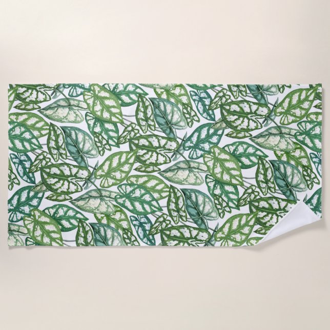 Green Tropical Leaves Pattern  Beach Towel (Front)