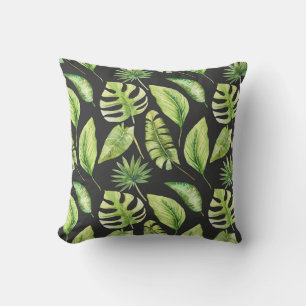 Green Tropical Leaves Pattern Black Botanical  Cushion