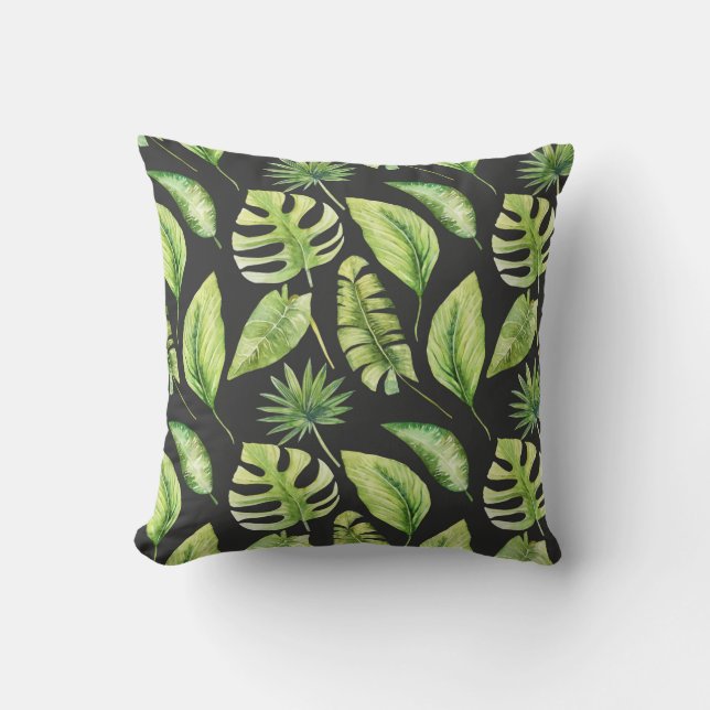 Green Tropical Leaves Pattern Black Botanical  Cushion (Front)