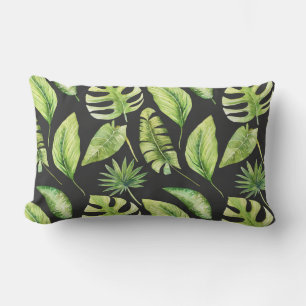 Green Tropical Leaves Pattern Black Botanical Lumbar Cushion