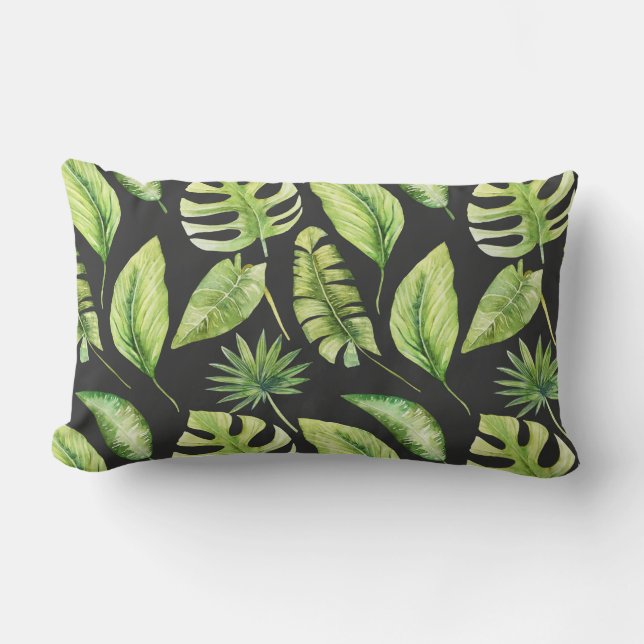 Green Tropical Leaves Pattern Black Botanical Lumbar Cushion (Front)