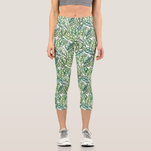 Green Tropical Leaves Pattern Capri Leggings