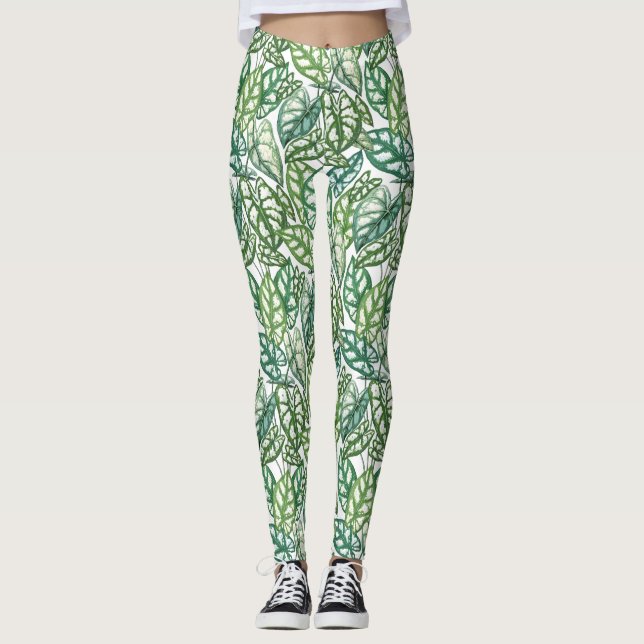 Green Tropical Leaves Pattern Leggings (Front)