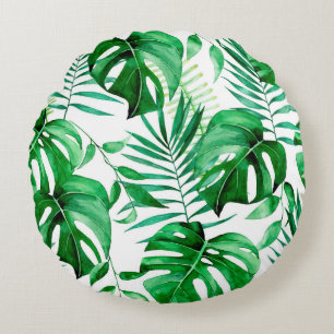 Green tropical leaves pattern round cushion
