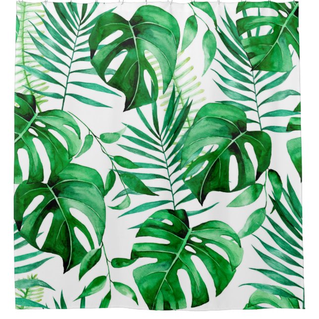 Green tropical leaves pattern shower curtain (Front)