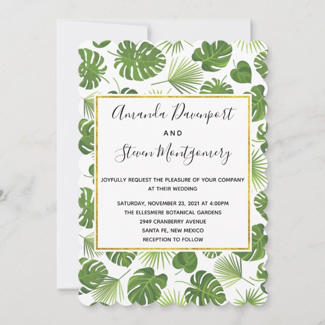 Green Tropical Leaves Pattern Stylish Wedding Invitation (Front)