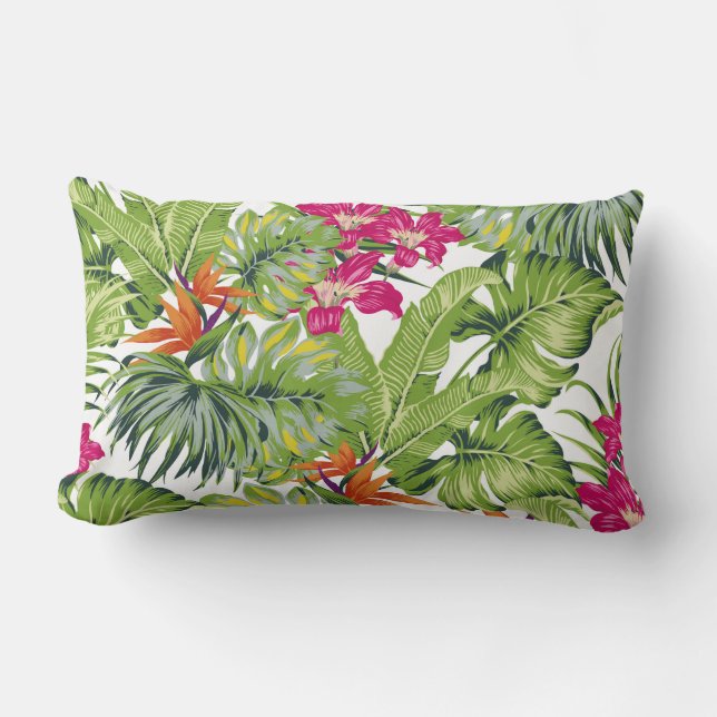Green Tropical Leaves Pink Orange Flowers Lumbar Cushion (Front)