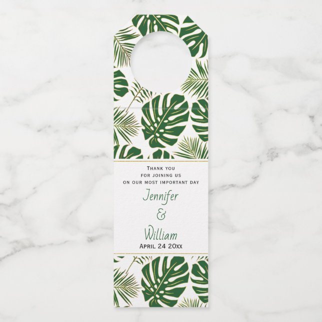 Green tropical leaves polka dots wedding bottle tag (Front)