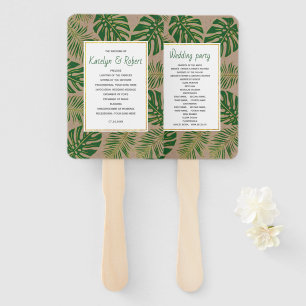Green tropical leaves rustic wedding program hand fan