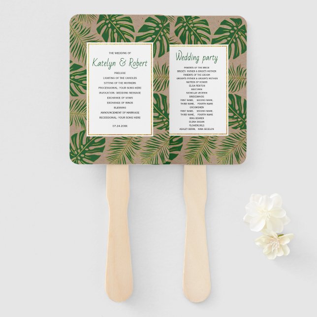 Green tropical leaves rustic wedding program hand fan (Front and Back)