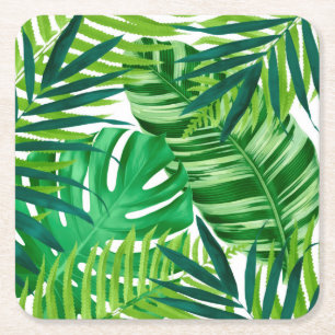 Green tropical leaves square paper coaster