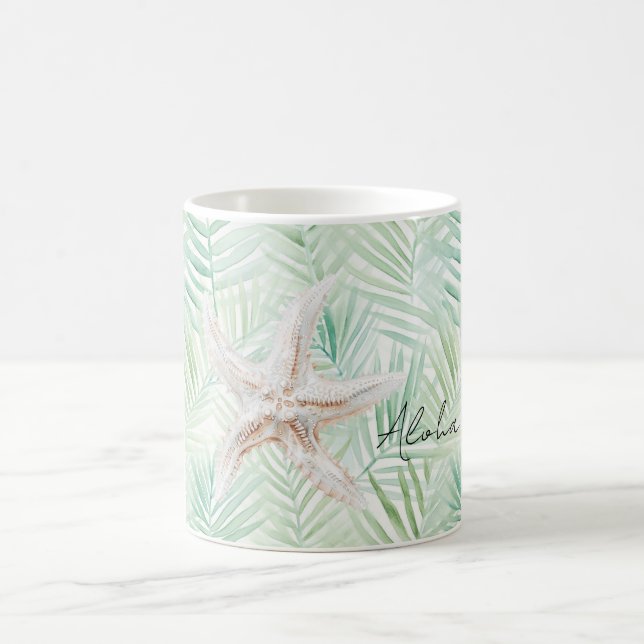 Green Tropical Leaves Starfish Coffee Mug (Center)