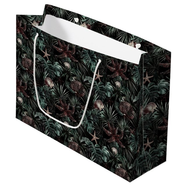 Green Tropical Leaves Starfish Shells Birthday Large Gift Bag (Front Angled)