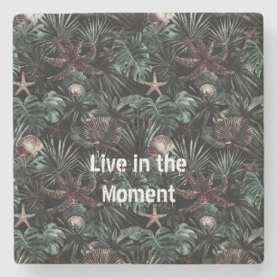 Green Tropical Leaves Starfish Shells Stone Coaster