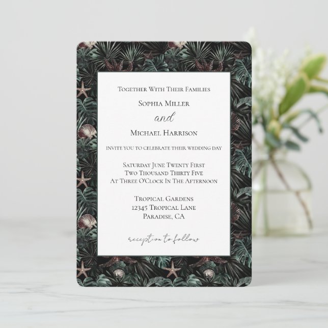 Green Tropical Leaves Starfish Shells Wedding Invitation (Standing Front)