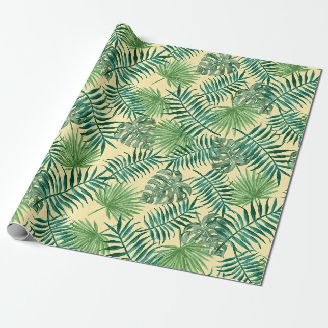 Green Tropical Leaves Vacation Wrapping Paper (Unrolled)