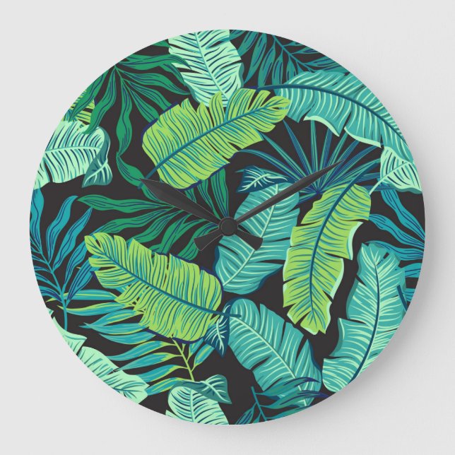 Green tropical leaves: vintage pattern. large clock (Front)