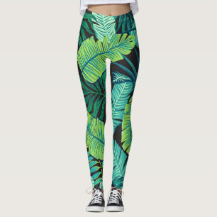 Green tropical leaves: vintage pattern. leggings