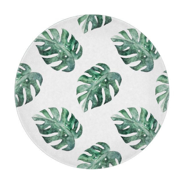 Green tropical leaves, watercolor pattern cutting board (Front)