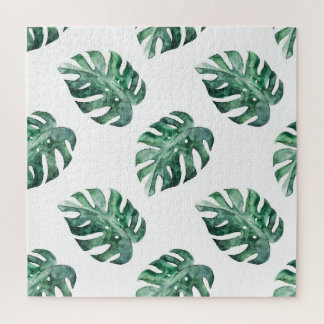 Green tropical leaves, watercolor pattern jigsaw puzzle
