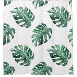 Green tropical leaves, watercolor pattern shower curtain