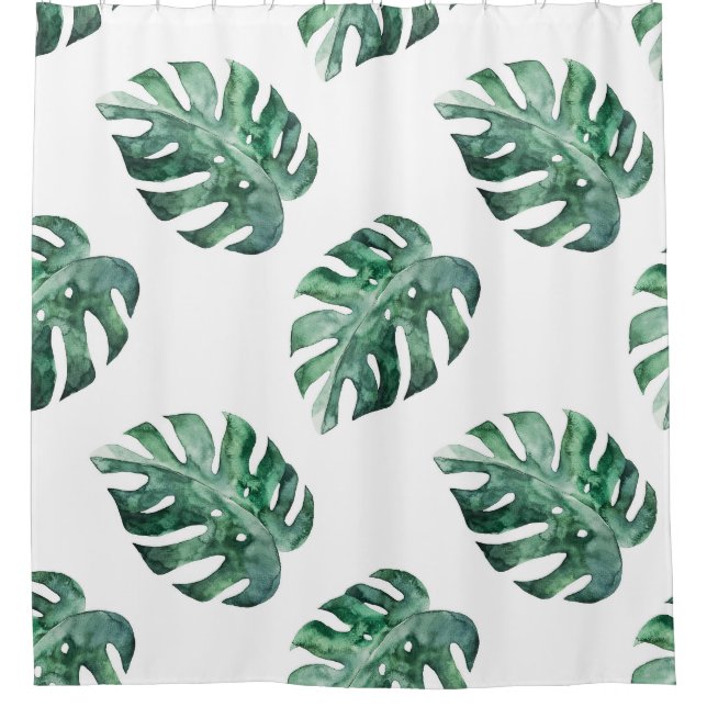 Green tropical leaves, watercolor pattern shower curtain (Front)