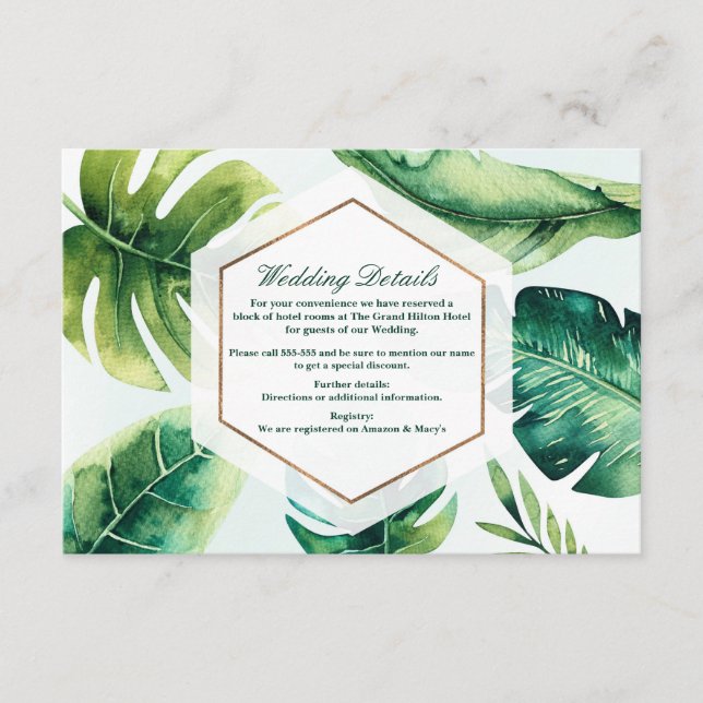 Green tropical Leaves White Chic Wedding Details Enclosure Card (Front)