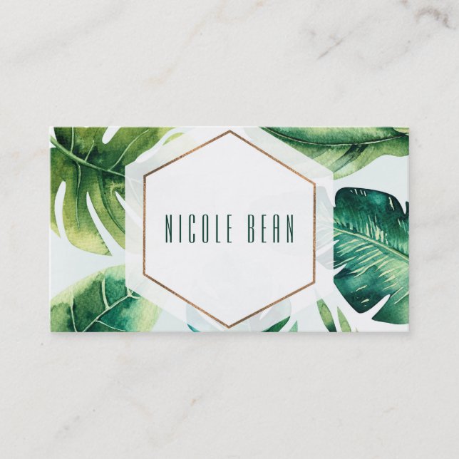Green Tropical Leaves White Elegant Chic Custom Business Card (Front)