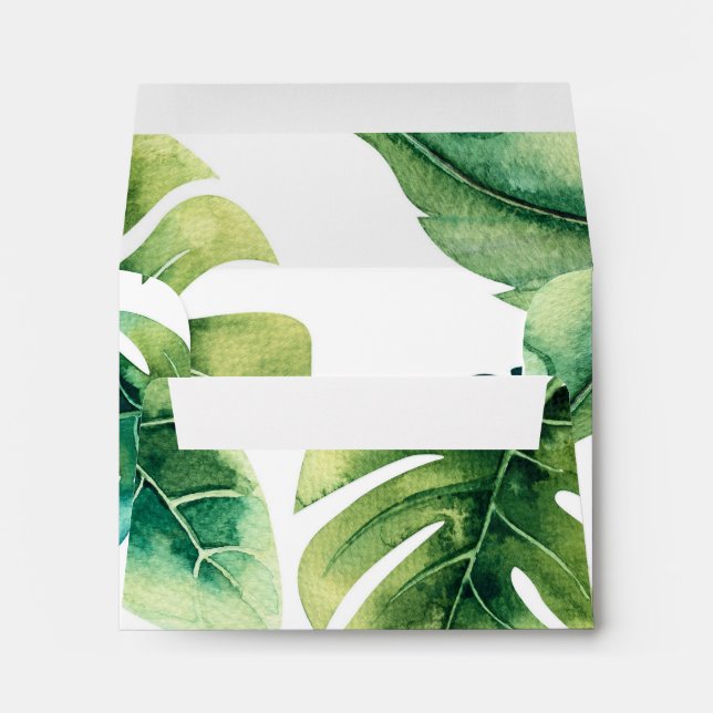 Green Tropical Leaves White Elegant Invitation Envelopes (Back (Bottom))