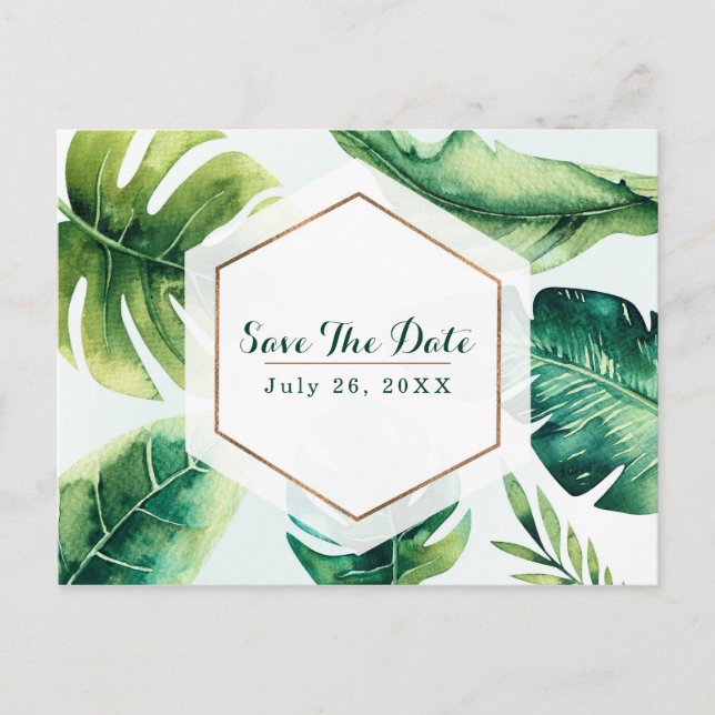 Green Tropical Leaves White Elegant Save The Date Announcement Postcard (Front)