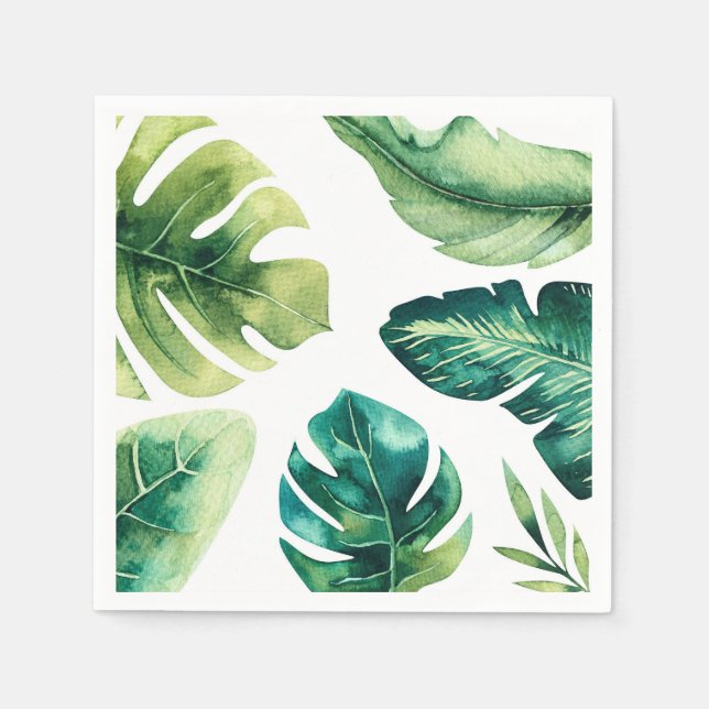 Green Tropical Leaves White Elegant Wedding Party Napkin (Front)