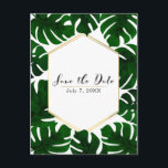 Green Tropical Leaves White & Gold Save the Date Announcement Postcard<br><div class="desc">Customise with any text.</div>