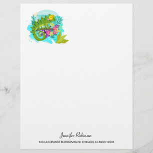 Green Tropical Lizard with Flowers Customized Letterhead
