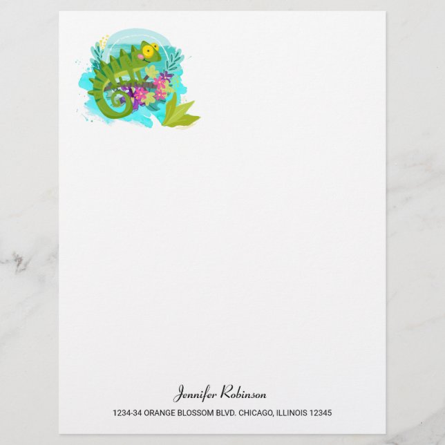 Green Tropical Lizard with Flowers Customized Letterhead (Front)