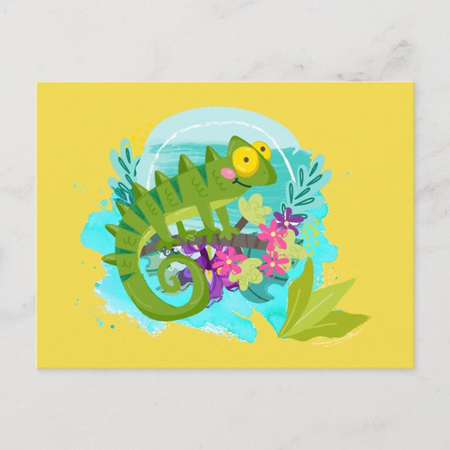 Green Tropical Lizard with Flowers Postcard (Front)
