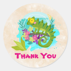 Green Tropical Lizard with Flowers Thank You Classic Round Sticker