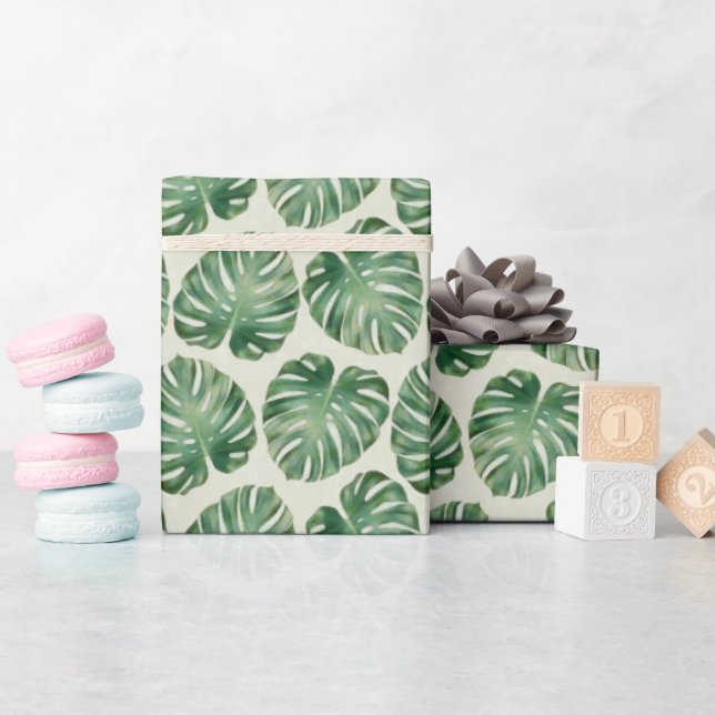 Green Tropical Monstera Leaves Pattern Wrapping Paper (Baby Shower)