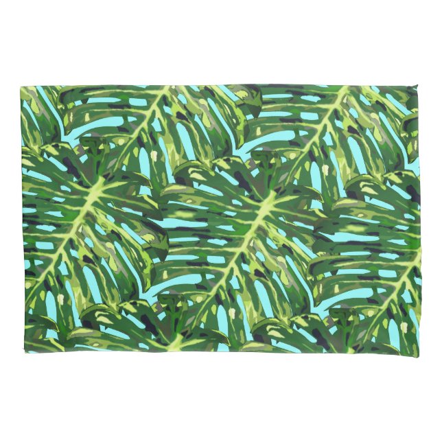 Green Tropical Monstera Leaves Pillow Case (Front)