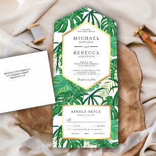 Green Tropical Monstera Palm Leaves Wedding All In One Invitation