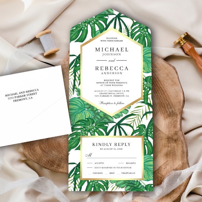 Green Tropical Monstera Palm Leaves Wedding All In One Invitation (Creator Uploaded)