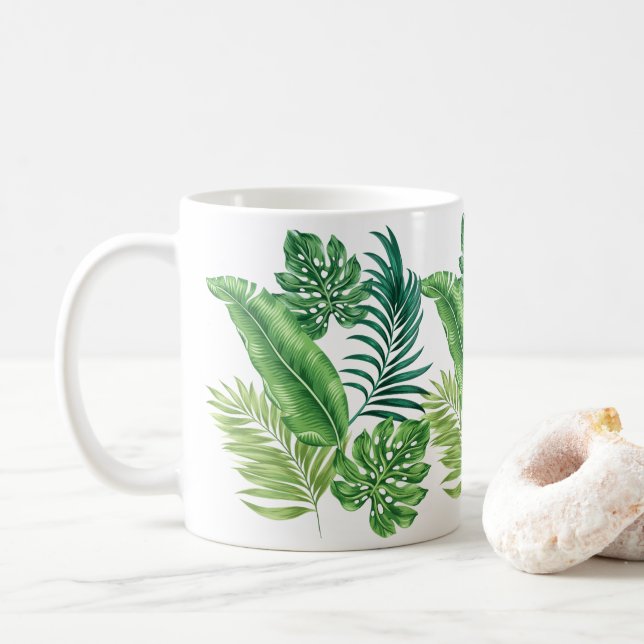 Green Tropical Palm Banana Monstera Leaves Coffee Mug (With Donut)
