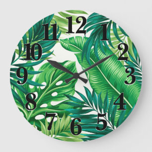 Green Tropical Palm Banana Monstera Leaves Large Clock
