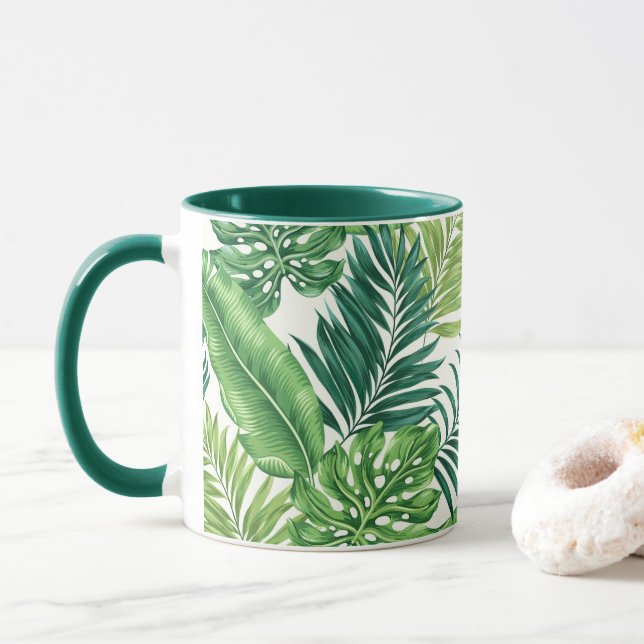 Green Tropical Palm Banana Monstera Leaves Mug (With Donut)