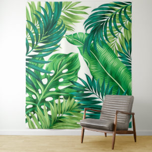 Green Tropical Palm Banana Monstera Leaves Tapestry
