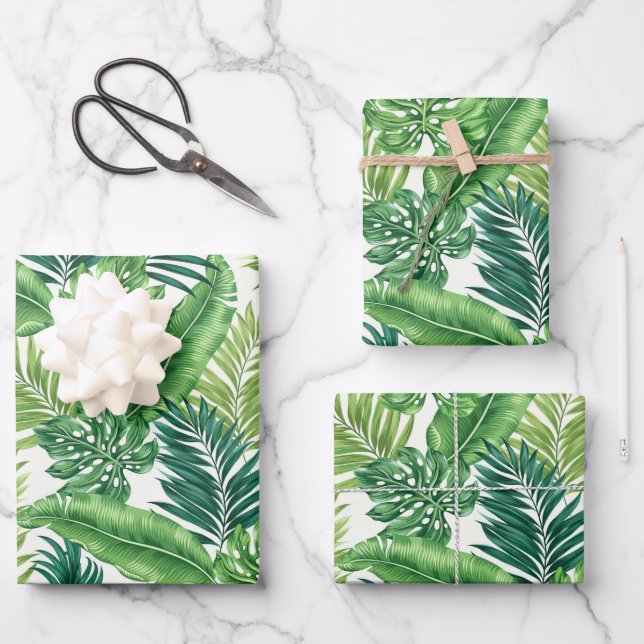 Green Tropical Palm Banana Monstera Leaves  Wrapping Paper Sheet (Front)